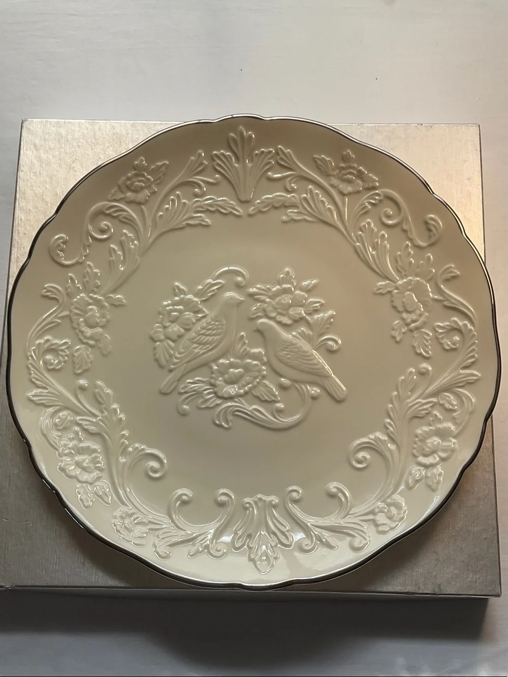 Lenox China Anniversary Plate Embossed Love Bird Plate with Silver Rim